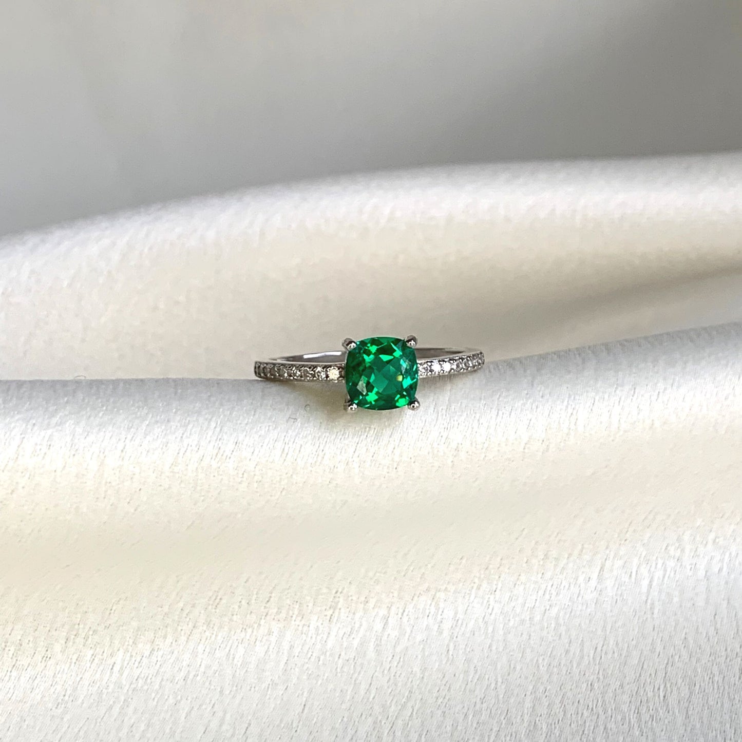 Cushion Ring with Lab Grown Emerald